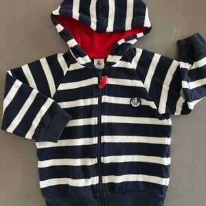 Petit Bateau Navy & White Striped Hooded Zip-Up Sweatshirt with Red Lining